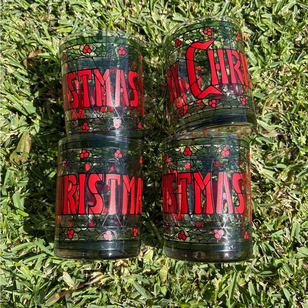 1970’s Cera Merry Christmas Holly Stained Glass Old Fashion Glasses Set of 4 EUC